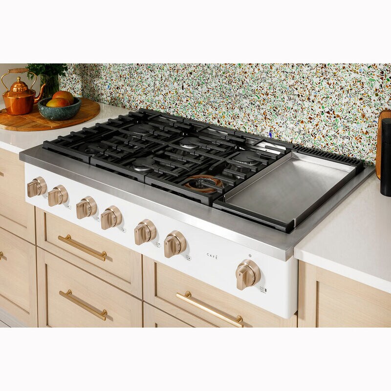 Cafe 48 in. 6-Burner Natural Gas Rangetop with Griddle, Simmer Burner & Power Burner - Matte White, Matte White, hires