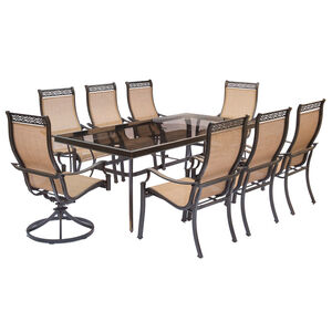 Hanover Monaco 9-Piece 84" Rectangle Glass Top Dining Set with 6 Stationary & 2 Swivel Sling Chairs - Tan, , hires