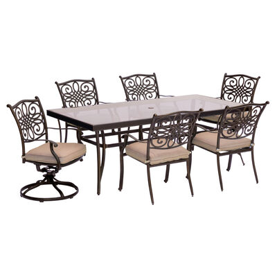 Hanover Traditions 7-Piece 84" Rectangle Glass Top Dining Set with 4 Stationary & 2 Swivel Rocker Chairs -Tan | TRADDN7PCSW2