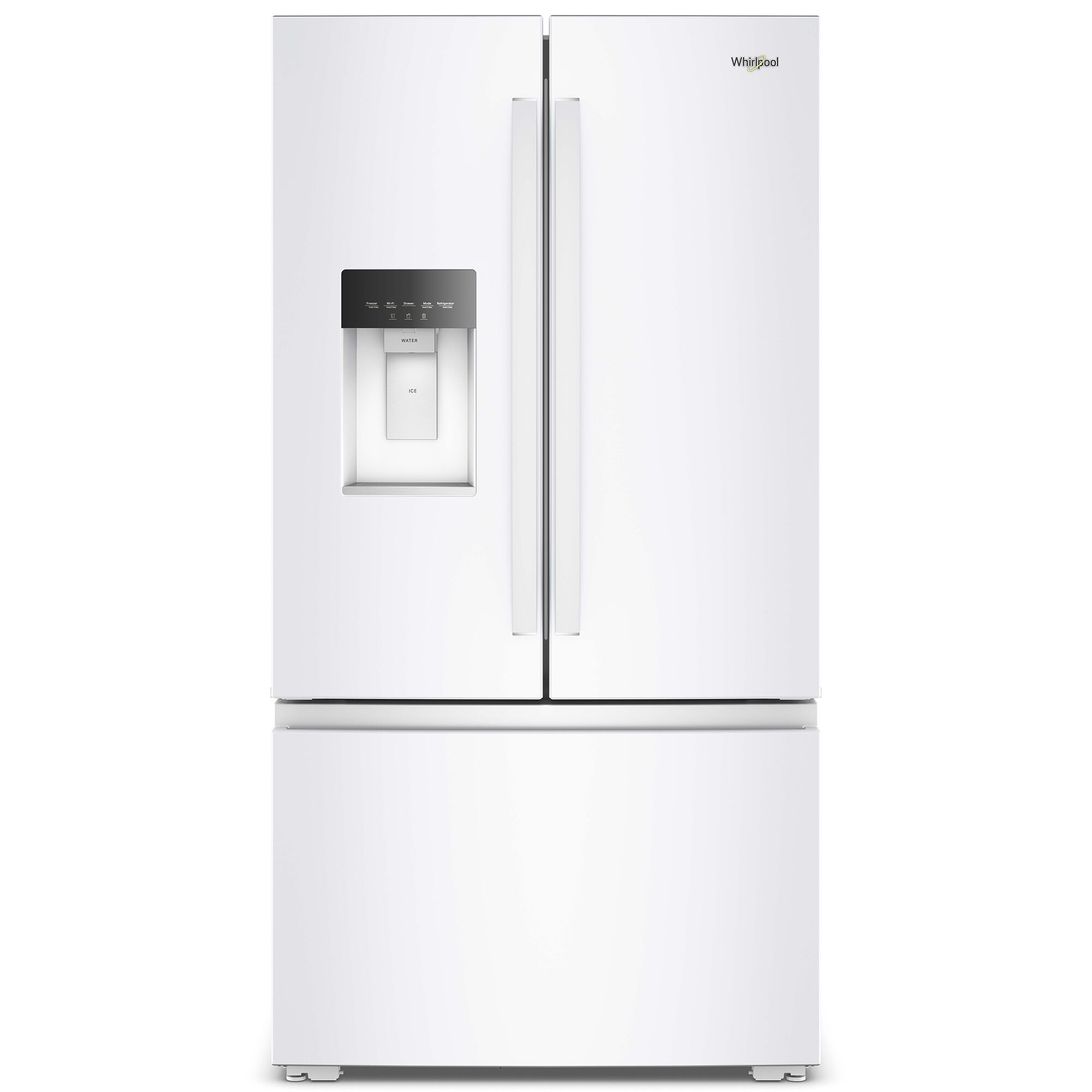 Whirlpool WRFC5036RW 36 inch counter depth French door refrigerator in white with external ice and water dispenser.