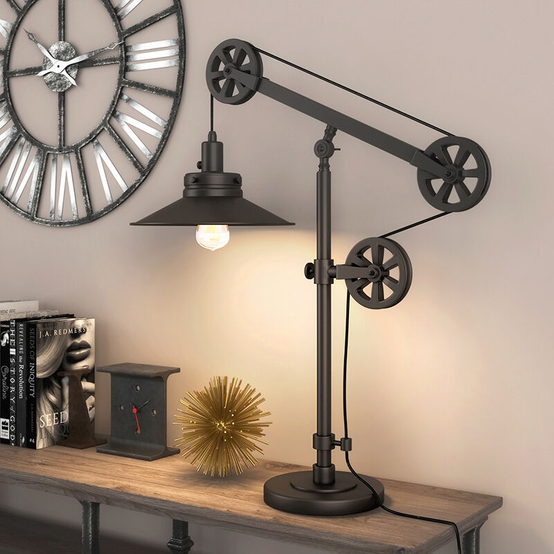 Hudson & Canal Descartes Wide Brim Table Lamp With Pulley System - Blackened Bronze, , hires
