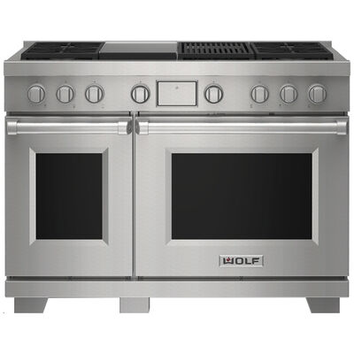 Wolf 48 in. 7.8 cu. ft. Smart Convection Double Oven Freestanding Dual Fuel Range with 4 Sealed Burners, Grill & Griddle - Stainless Steel | DF48450CGSP