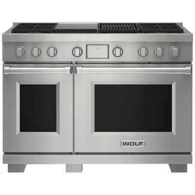 Wolf 48 in. 7.8 cu. ft. Smart Dual Convection Double Oven Dual Fuel Range with 4 Sealed Burners, Grill & Griddle - Stainless Steel | DF48450CGSP