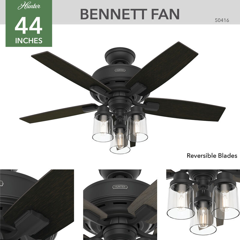 Hunter Bennett 44 in. Ceiling Fan with LED Light Kit and Handheld Remote - Matte Black, , hires