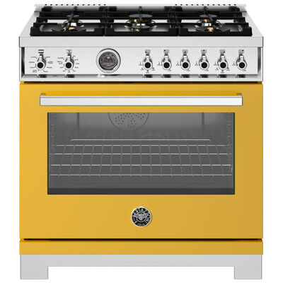 Bertazzoni Professional Series 36 in. 5.7 cu. ft. Air Fry Convection Oven Freestanding Dual Fuel Range with 6 Sealed Burners & Griddle - Yellow | PR366BCEPGIT
