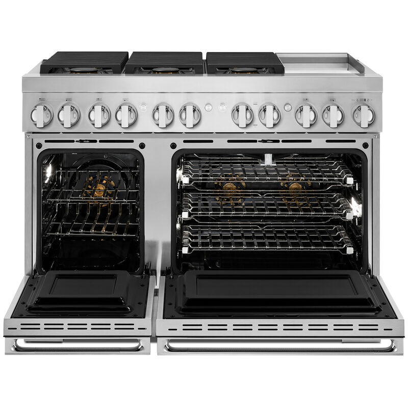 JennAir Noir Series 48 in. 6.3 cu. ft. Smart True European Convection Double Oven Dual Fuel Range with 6 Sealed Burners & Griddle - Stainless Steel, , hires