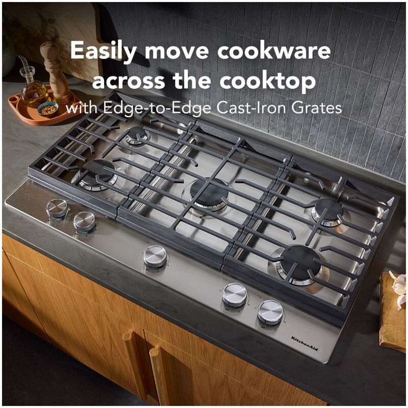 KitchenAid 36 in. 5-Burner Natural Gas Cooktop with Simmer Burner & Power Burner - Stainless Steel, , hires