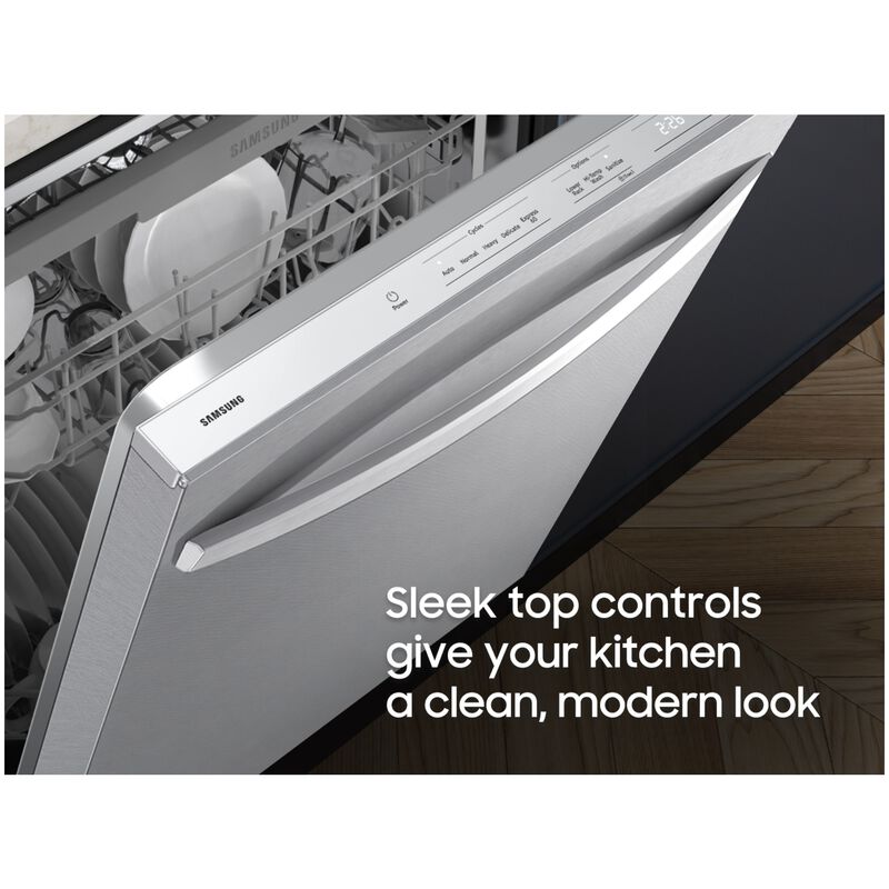 Samsung 24 in. Top Control Flush-Mount Dishwasher with 48 dBA Sound Level, 3rd-Rack & AutoRelease Door Drying - Fingerprint Resistant Stainless Steel, , hires