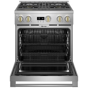 Monogram Statement Series 30 in. 5.3 cu. ft. Smart Air Fry True European Convection Slide-In Dual Fuel Range with 4 Sealed Burners - Stainless Steel, , hires