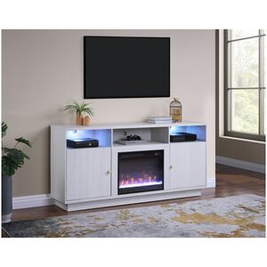 Lilola Ambrose 70"W White Walnut Finish Fireplace TV Stand Console with Heater, LED Light, Cabinets, Shelves, , hires