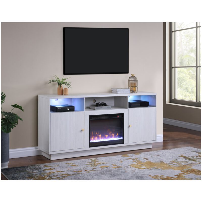 Lilola Ambrose 70"W White Walnut Finish Fireplace TV Stand Console with Heater, LED Light, Cabinets, Shelves, , hires