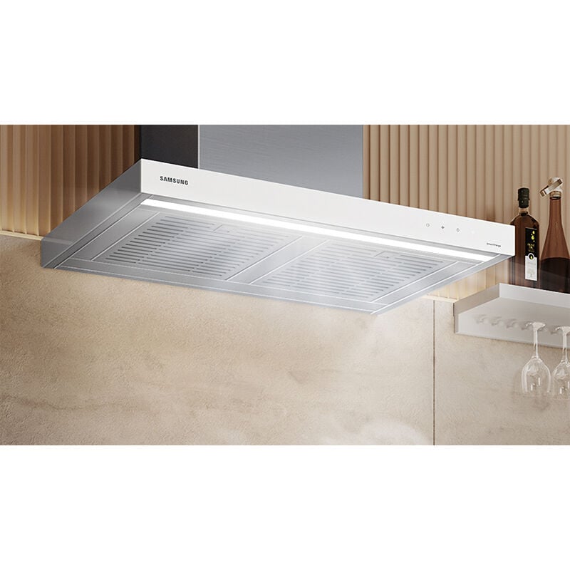 Samsung 30 in. Smart Convertible Chimney Style Range Hood with 630 CFM, 4 Fan Speeds & 1 LED Light - White, , hires