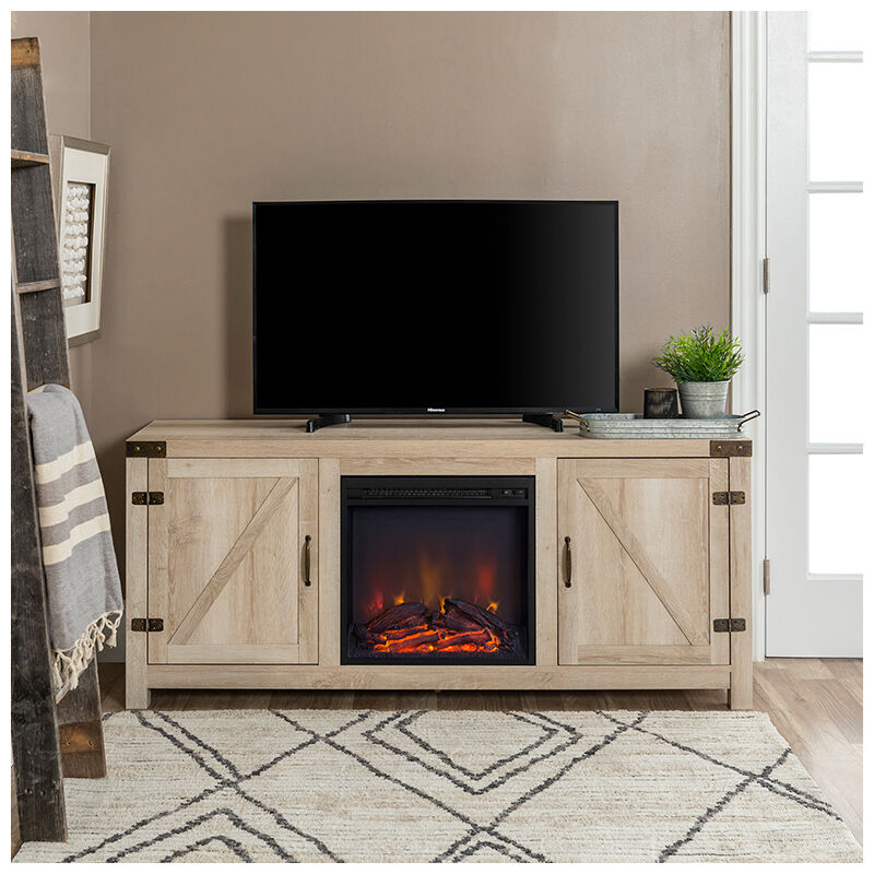Walker Edison 58 Farmhouse Wood Tv, White Electric Fireplace Tv Stand With Sliding Barn Doors