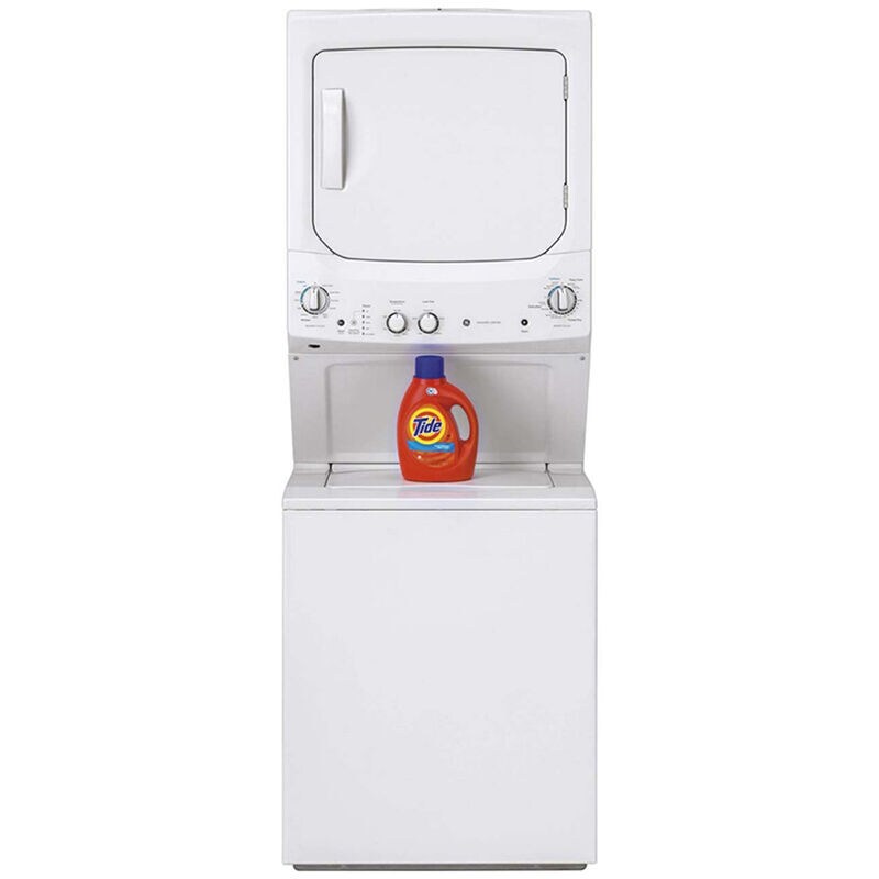 GE 27 in. Laundry Center with 3.8 cu. ft. Washer with 11 Wash Programs & 5.9 cu. ft. Electric Dryer with 4 Dryer Programs, Sensor Dry & Wrinkle Care - White, , hires
