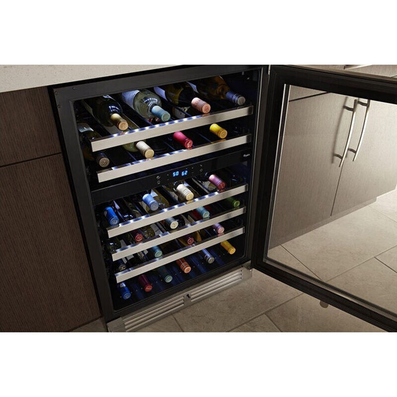Whirlpool 24 in. Undercounter Wine Cooler with Metal Racks, Dual Temperature Zones & 51 Bottle Capacity - Stainless Steel, , hires