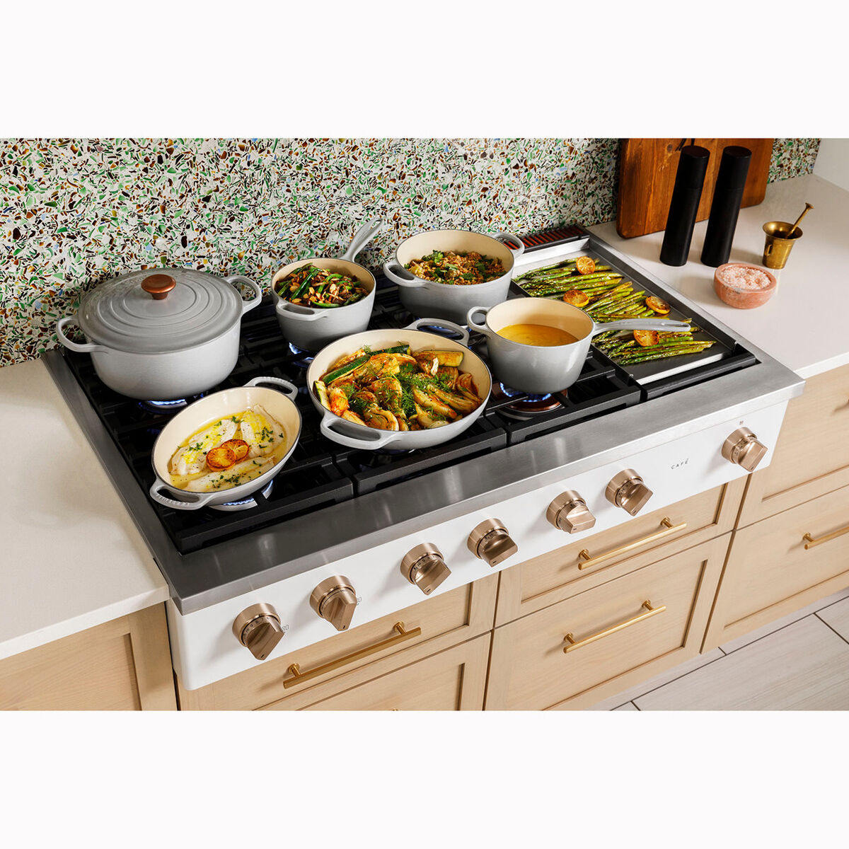Cafe 48 in. 6-Burner Natural Gas Rangetop with Griddle, Simmer