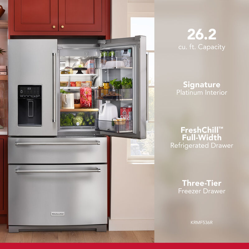 KitchenAid 36 in. 26.2 cu. ft. 4-Door French Door Refrigerator with Ice & Water Dispenser - Fingerprint Resistant Stainless, Fingerprint Resistant Stainless, hires