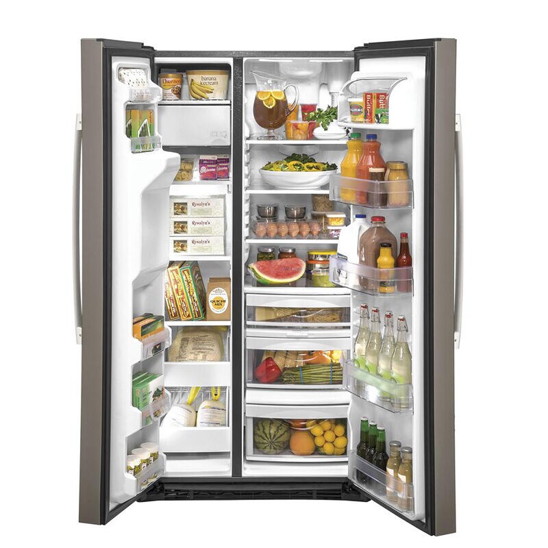 GE 36 in. 21.8 cu. ft. Counter Depth Side by Side Refrigerator with Ice & Water Dispenser - Fingerprint Resistant Slate, Slate, hires