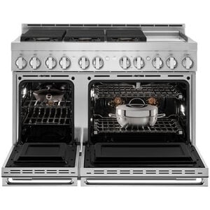 JennAir Noir Series 48 in. 6.3 cu. ft. Smart True European Convection Double Oven Gas Range with 6 Sealed Burners & Griddle - Stainless Steel, , hires