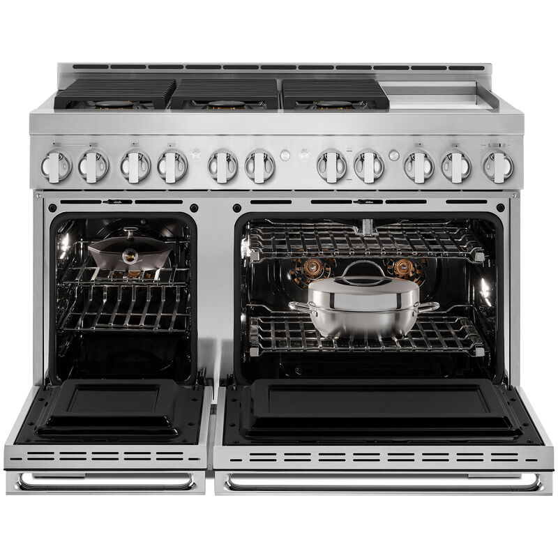JennAir Noir Series 48 in. 6.3 cu. ft. Smart True European Convection Double Oven Gas Range with 6 Sealed Burners & Griddle - Stainless Steel, , hires