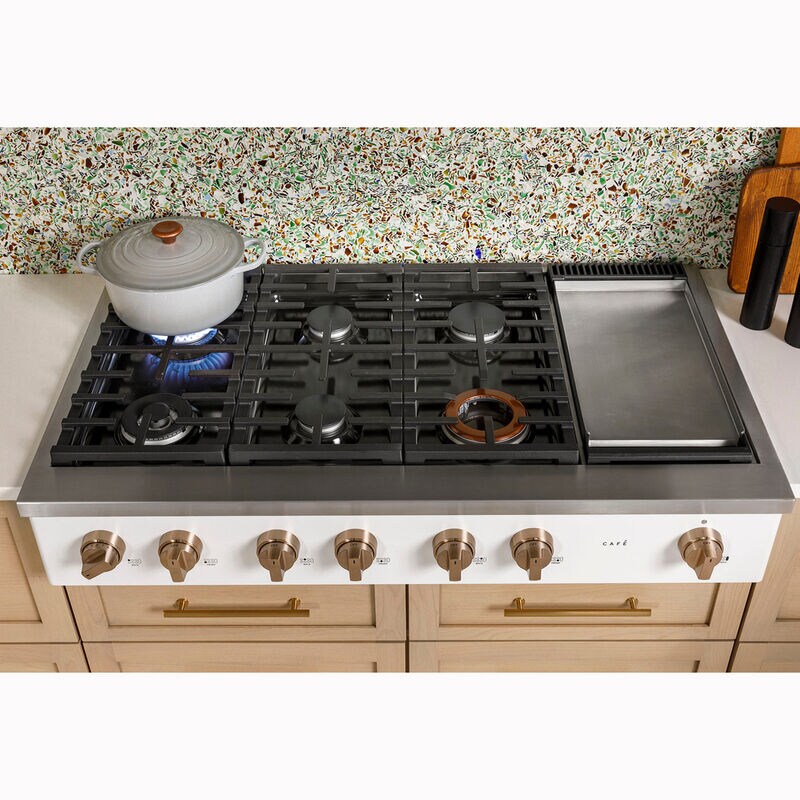 Cafe 48 in. 6-Burner Natural Gas Rangetop with Griddle, Simmer Burner & Power Burner - Matte White, Matte White, hires