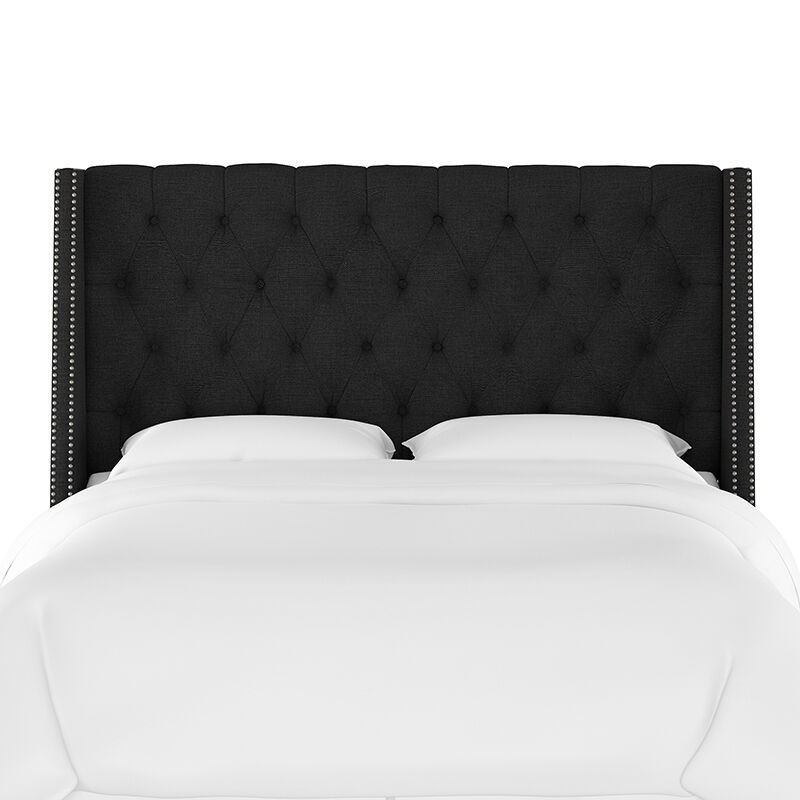 Skyline Queen Nail Button Tufted Wingback Headboard in Linen - Black, Black, hires