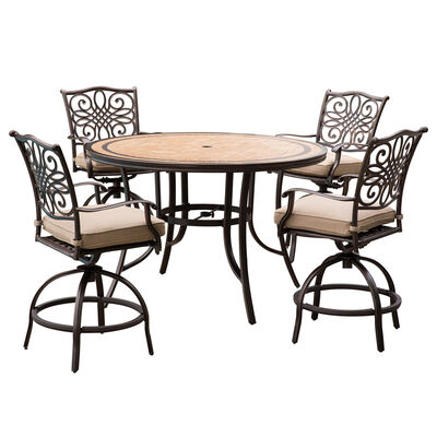 Hanover Monaco 5-Piece 56" Round Porcelain Top Bar Height Dining Set with Swivel Chairs - Tan | MONDN5PCBR-C
