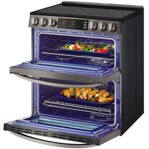 LG 30 in. 7.3 cu. ft. Smart Air Fry Convection Double Oven Slide-In Electric Range with 5 Smoothtop Burners - Printproof Black Stainless Steel, PrintProof Black Stainless Steel, hires