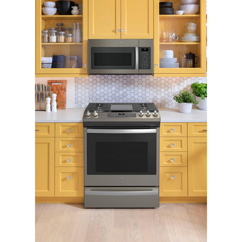 GE 30 in. 5.6 cu. ft. Smart Air Fry Convection Oven Slide-In Gas Range with  5 Sealed Burners & Griddle - Slate