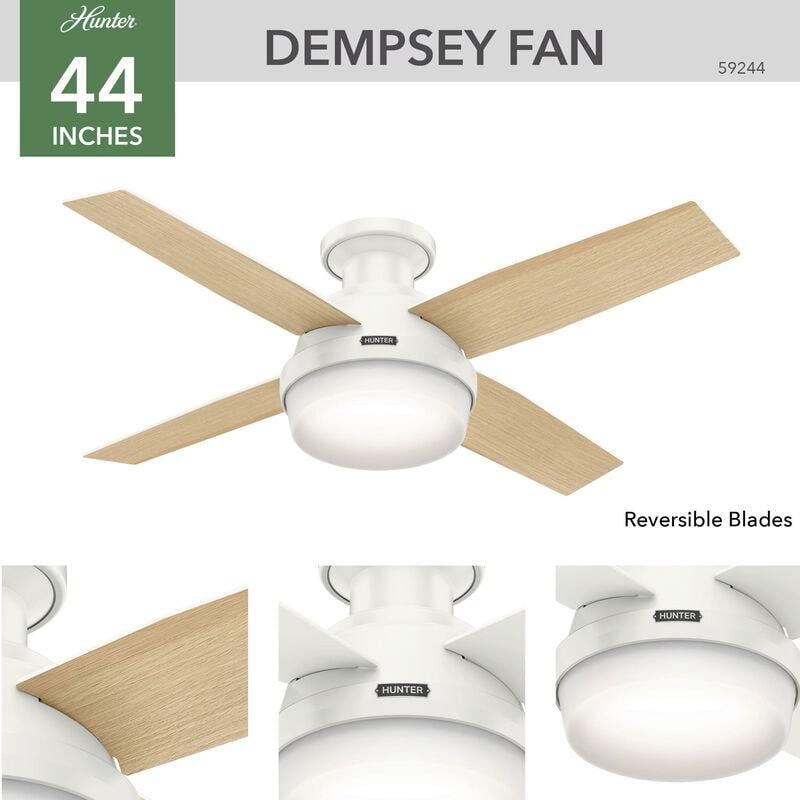 Hunter Dempsey 44 in. Low Profile Ceiling Fan with LED Light Kit and Handheld Remote - Fresh White, Fresh White, hires