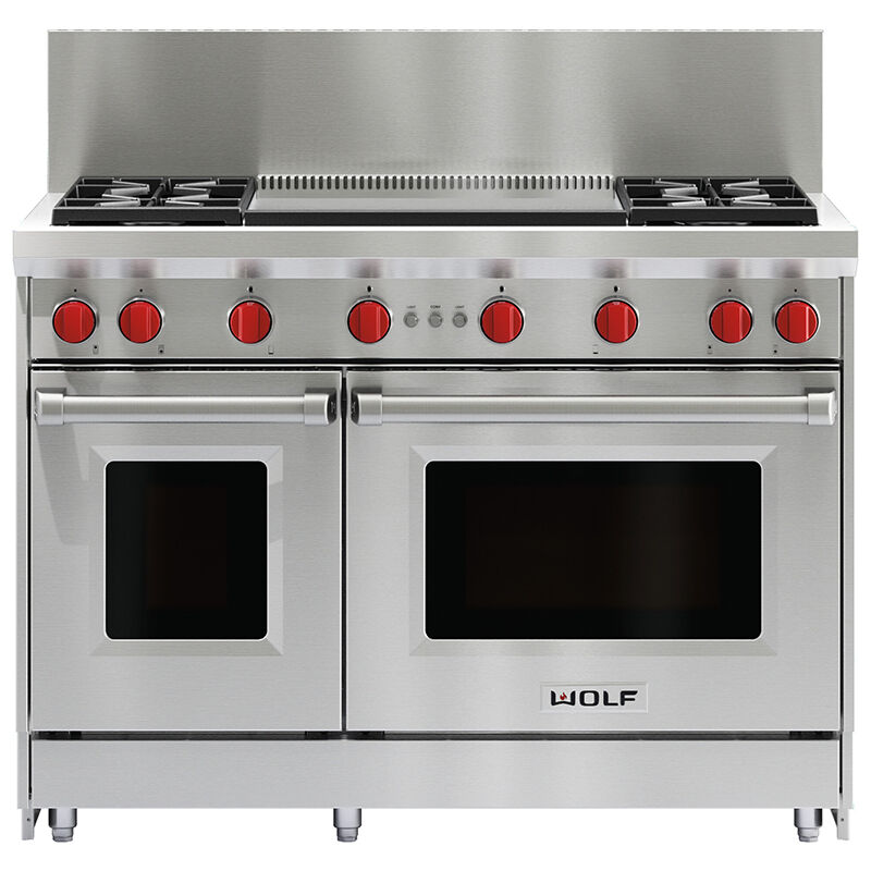 Wolf 48 in. 6.9 cu. ft. Double Oven Freestanding LP Gas Range with 4 Sealed Burners & Griddle - Stainless Steel, , hires