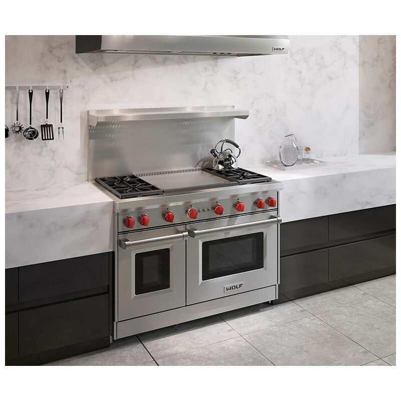 Wolf 48 in. 6.9 cu. ft. Standard Convection Double Oven Gas Range with 4 Sealed Burners & Griddle - Stainless Steel, , hires