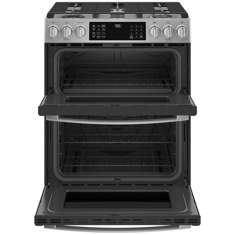 GE Profile 30 in. 6.7 cu. ft. Smart Air Fry True European Convection Double Oven Slide-In Gas Range with 5 Sealed Burners, Grill & Griddle - Stainless Steel, , hires