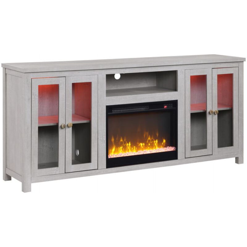 Lilola Ellington 70"W Light Gray Finish Fireplace TV Stand Console with Heater, LED Light, Cabinets, Shelves, , hires