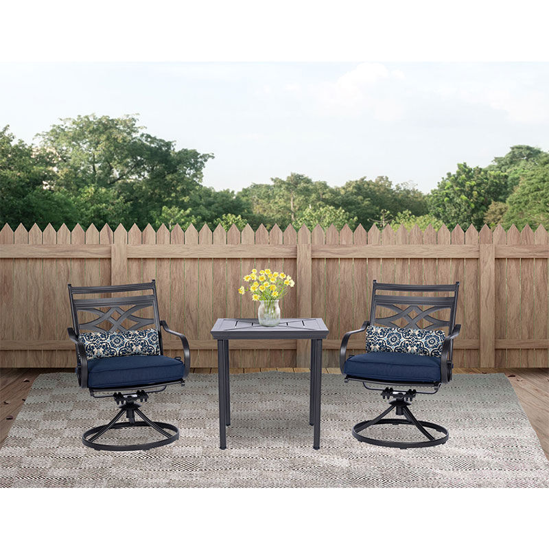Hanover Montclair 3-Piece Bistro Dining Set with 2 Swivel Rockers and a 27" Square Table - Navy/Brown, , hires