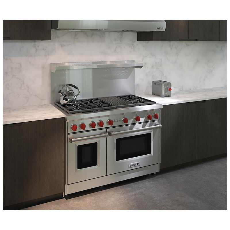 Wolf 48 in. 6.9 cu. ft. Standard Convection Double Oven Gas Range with 6 Sealed Burners & Grill - Stainless Steel, , hires