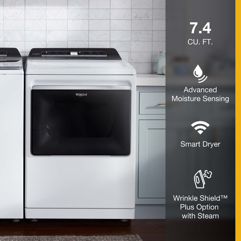 Whirlpool 27 in. 7.4 cu. ft. Top Loading Electric Dryer with 36 Dryer Programs,7 Dry Options, Sanitize Cycle, Wrinkle Care & Sensor Dry - White, White, hires