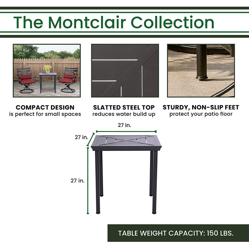 Hanover Montclair 3-Piece Bistro Dining Set with 2 Swivel Rockers and a 27" Square Table - Chile Red, , hires