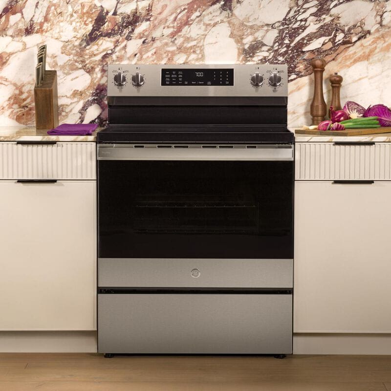 GE Profile 30 in. 5.3 cu. ft. Smart Air-Fry Standard Convection Electric Range with Radiant Burners - Fingerprint Resistant Stainless Steel, , hires