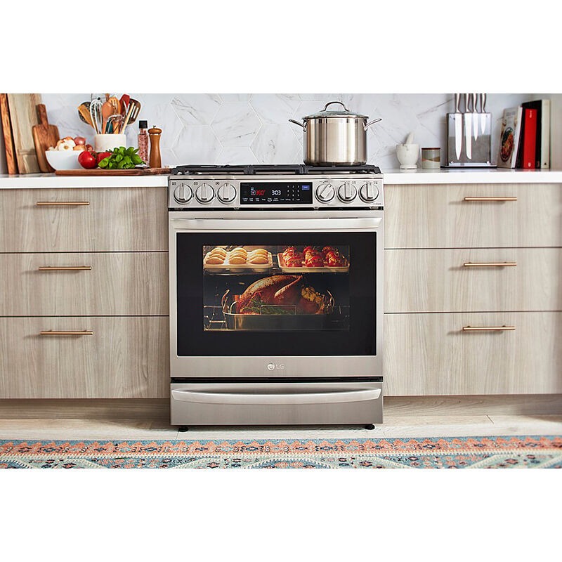 LG InstaView with Air Fry 30-in 5 Burners 6.3-cu ft Self-cleaning Air Fry  Convection Oven Slide-in Smart Natural Gas Range (Printproof Stainless  Steel) in the Single Oven Gas Ranges department at