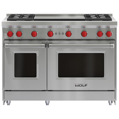 Wolf 48 in. 6.9 cu. ft. Double Oven Freestanding Gas Range with 4 Sealed Burners & Griddle - Stainless Steel | GR484DG