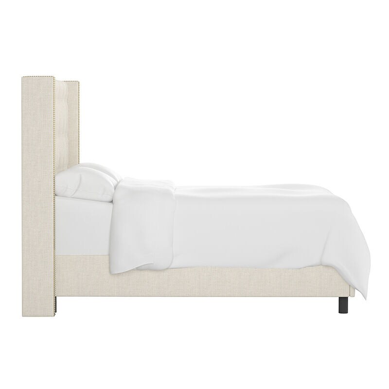 Skyline King Nail Button Tufted Wingback Bed in Linen Talc