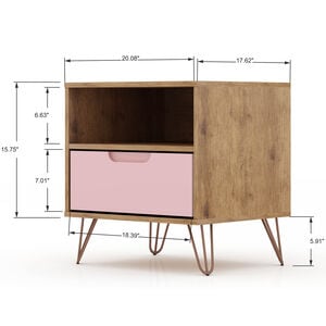 Manhattan Comfort Rockefeller Mid-Century Modern 1-Drawer Nightstand Rose Pink, Pink, hires