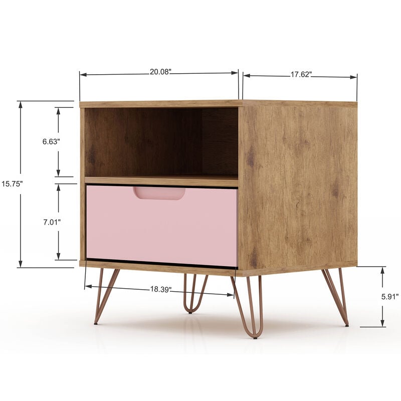 Manhattan Comfort Rockefeller Mid-Century Modern 1-Drawer Nightstand Rose Pink, Pink, hires