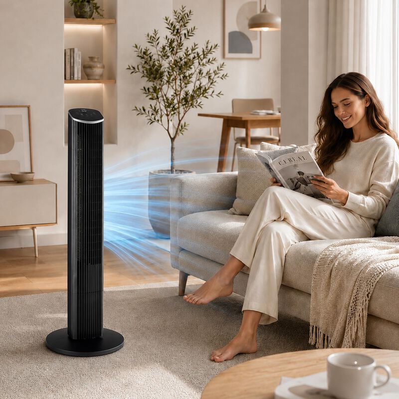 CoolVia 46 in. Oscillating Tower Fan with 3 Speed Setting & Remote Control - Black, , hires