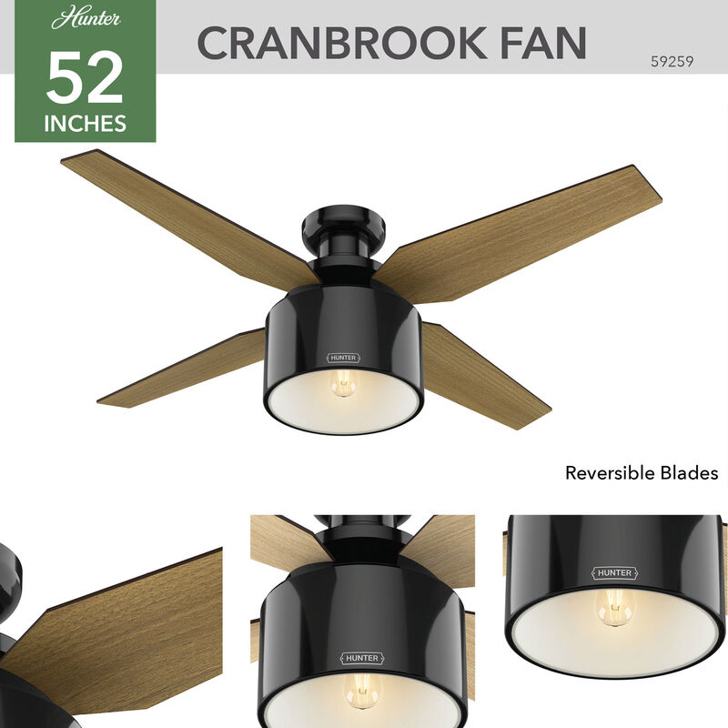 Hunter Cranbrook 52 in. Low Profile Ceiling Fan with LED Light Kit and Handheld Remote - Gloss Black, , hires