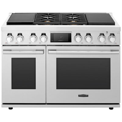 Signature Kitchen Suite 48 in. 7.9 cu. ft. Smart Convection Double Oven Freestanding Natural Gas Dual Fuel Range with 4 Sealed Burners, 2 Induction Zones & Sous Vide - Stainless Steel | SKSDR480SIS