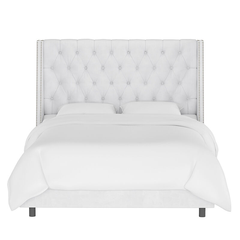 Skyline California King Nail Button Tufted Wingback Bed in Velvet - White, White, hires