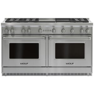 Wolf 60 in. 8.8 cu. ft. Standard Convection Double Oven Gas Range with 6 Sealed Burners, Grill & Griddle - Stainless Steel, , hires