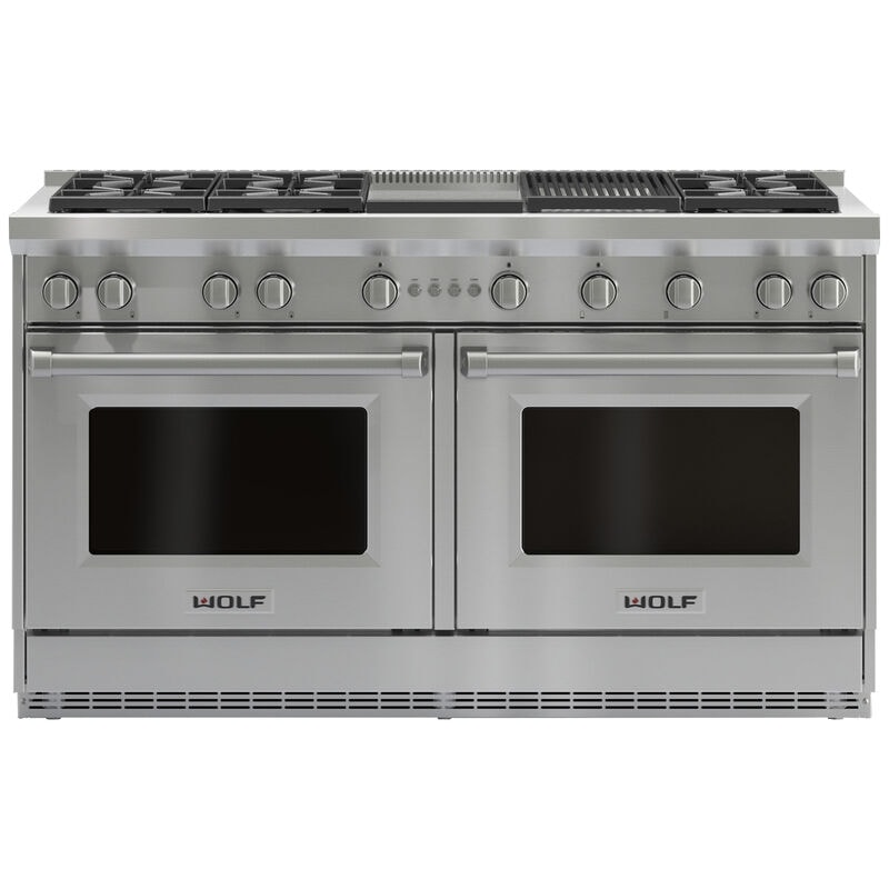 Wolf 60 in. 8.8 cu. ft. Standard Convection Double Oven Gas Range with 6 Sealed Burners, Grill & Griddle - Stainless Steel, , hires